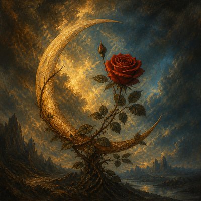 a rose entwined with a crescent moon, clean balanced composition on a plain background, no text