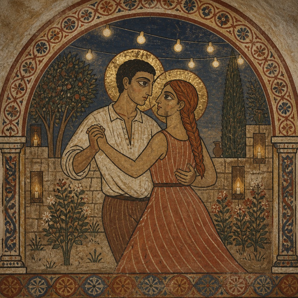 an original couple dancing under string lights in a garden at dusk: a man with short black hair in a linen shirt and a woman with braided red hair in a summer dress