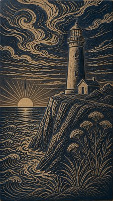 a lone lighthouse on a cliff at dusk under a dramatic sky, no text or lettering