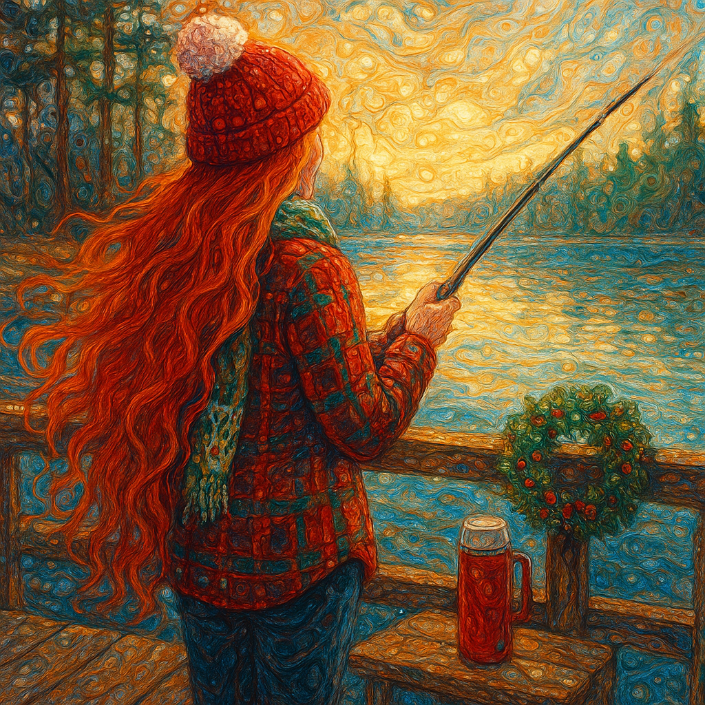 A realistic and peaceful image of a 56-year-old woman fishing on the shores of Lake Livingston, Texas, during the Christmas season. She has very long, vibrant red hair that flows all the way down to her waist, gently moving in the breeze.
She is standing on a wooden dock or sitting in a comfortable chair by the water, surrounded by the tall pine trees characteristic of East Texas. The weather is cool but pleasant (Texas winter). She is wearing cozy holiday-themed attire, such as a warm plaid flannel shirt in red and green, a festive scarf, or a beanie. Maybe there is a small Christmas wreath on the railing of the dock or a thermos of hot cocoa nearby. The lake is calm and reflects the soft winter sun. The lighting is warm and golden. High quality, photorealistic, serene atmosphere.