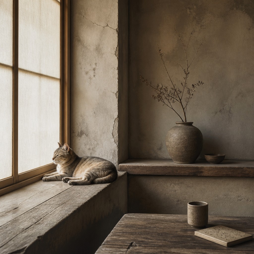 a cat lounging in a sunlit window — Wabi-Sabi Interior Design