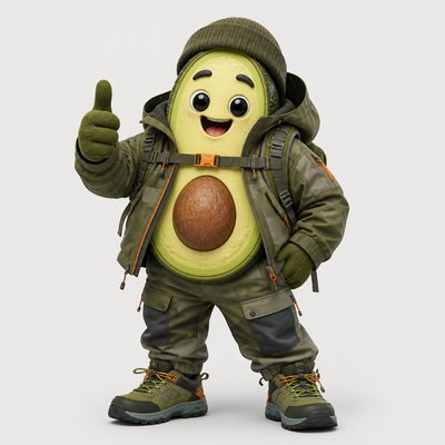 a happy avocado character giving a thumbs up, bold readable design on a plain background, no text