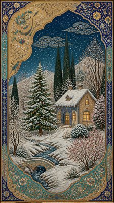 a snow-covered cottage with warm glowing windows beside a decorated pine tree, gentle snowfall, no text