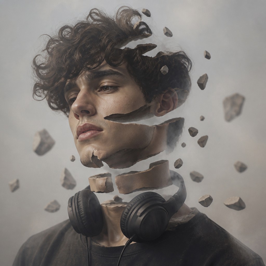 head-and-shoulders portrait of an original character: a young man with curly dark hair and headphones around his neck, plain backdrop, no text