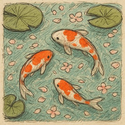 A koi pond seen from above, orange and white koi fish swimming among lily pads, clear water with subtle ripples, fallen cherry blossom petals floating on the surface, dappled sunlight