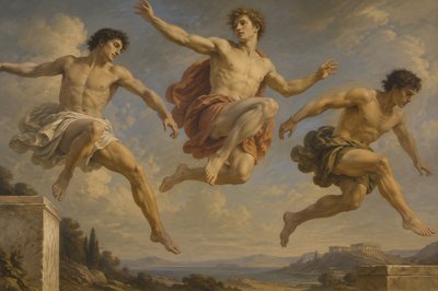 three greek athletes jumping midair based on artwork by Blake
