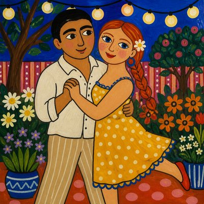 an original couple dancing under string lights in a garden at dusk: a man with short black hair in a linen shirt and a woman with braided red hair in a summer dress