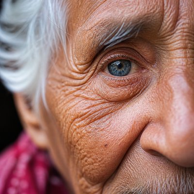 close-up portrait of an elderly person with expressive weathered features