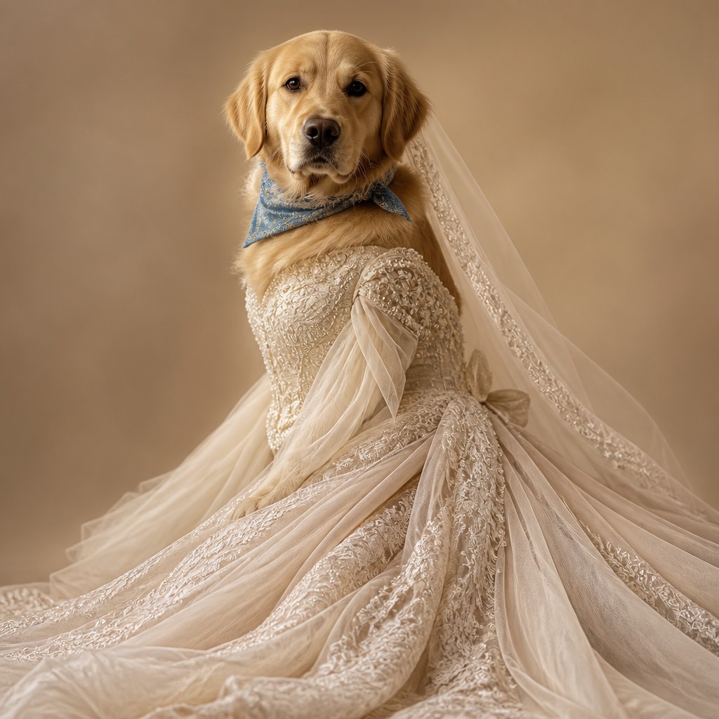 portrait of a golden retriever wearing a blue bandana, warm plain backdrop, no text