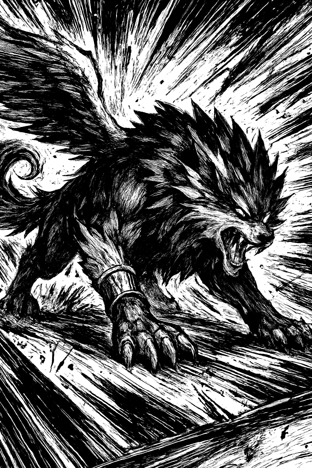 a black and white drawing of a demon