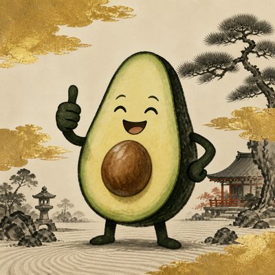 a happy avocado character giving a thumbs up, bold readable design on a plain background, no text