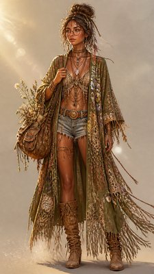 full-body original character: a wandering botanist with a satchel of plants, a patched green cloak, tall boots and round glasses, neutral background