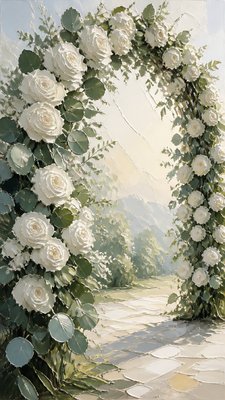 an arch of white roses and eucalyptus in soft morning light, elegant vertical composition with open space, no text