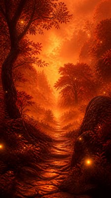 a mysterious forest path with fireflies and drifting mist, atmospheric vertical composition with open space at the top, no text
