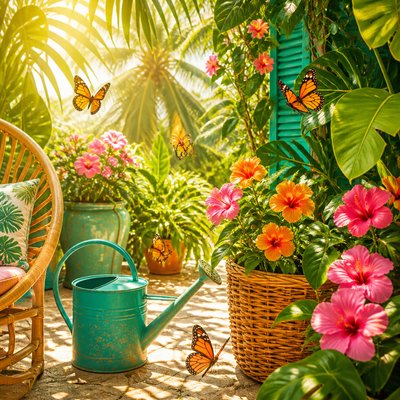 a garden scene with butterflies, flowers and a watering can, clean uncolored line art, no text