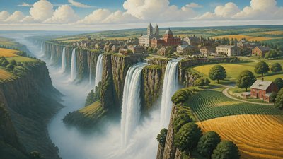 a cliffside city with waterfalls cascading into a misty canyon, wide establishing shot, no people, no text