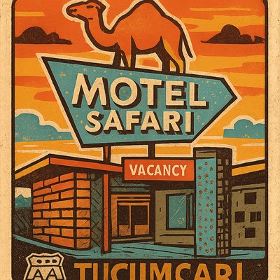 Create an image of the Motel Safari in Tucumcari, showcasing its distinctive Doo Wop or Googie architectural style. The design should feature counter-stacked brickwork with oozing mortar, cinder block walls with unique openings, and metal cylinders with perforated holes that glow softly at night. The sign should incorporate playful geometric shapes, with Clyde the Camel prominently perched on top, illuminated against a vibrant sunset sky. Include a retro Route 66 vibe with neon accents and a welcoming "VACANCY" sign.