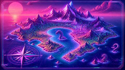 a map of an island realm with mountains, forests, a sheltered bay, sea monsters in the water and a compass rose, no text labels