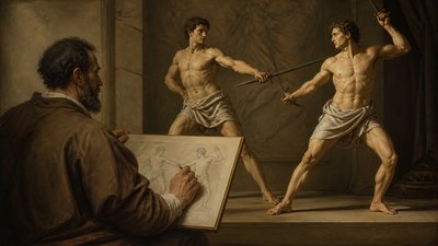Michelangelo drawing two models with swords posing for him