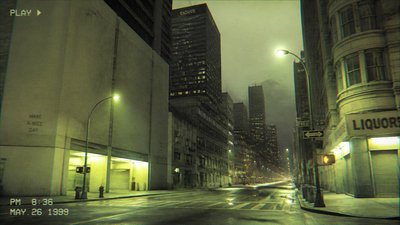 bustling city street panorama at dusk