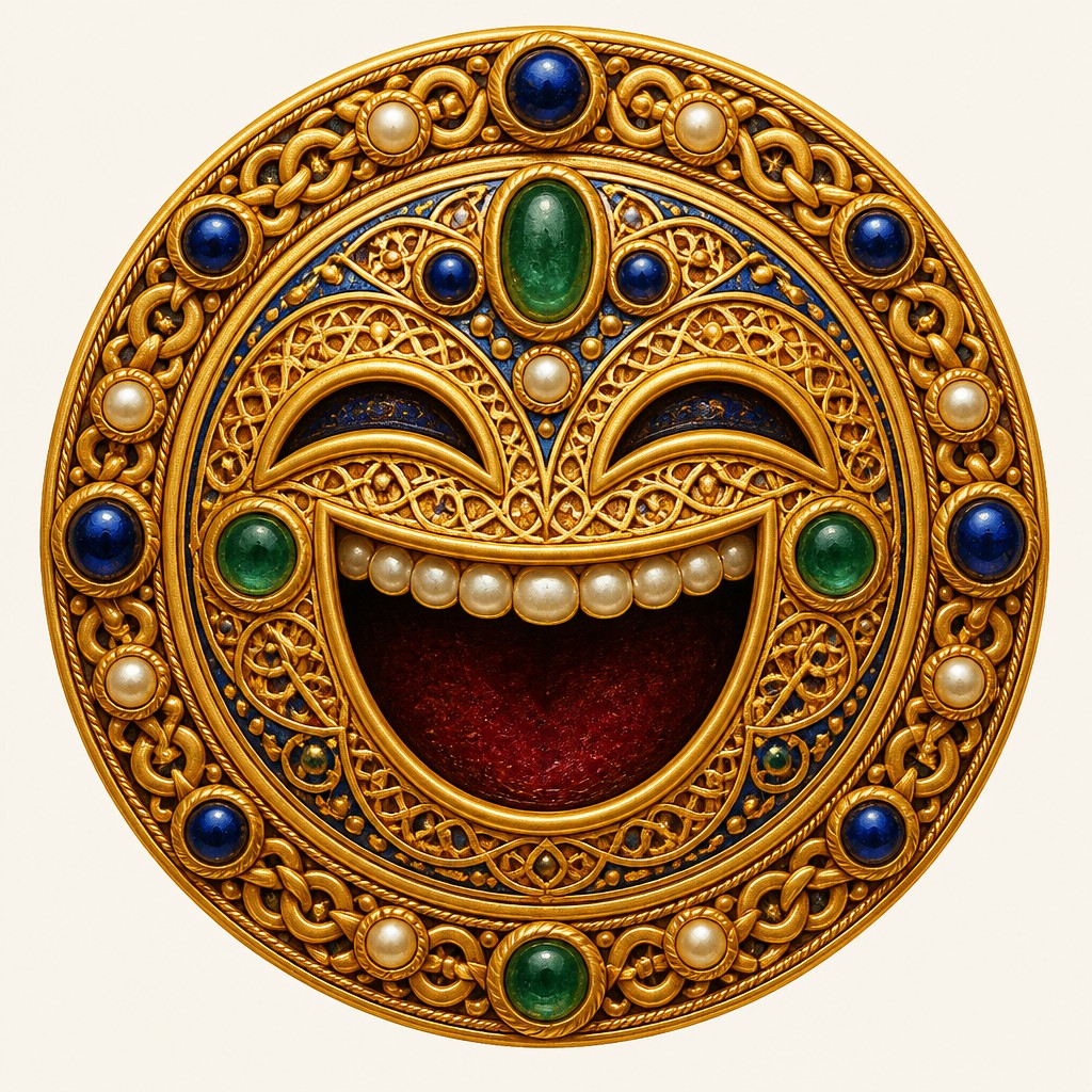 an exaggerated laughing face of an original round mascot character, bold and readable at small size, plain background, no text