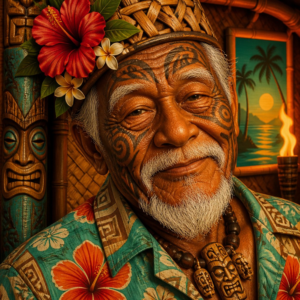 close-up portrait of an elderly person with expressive weathered features — Tiki Aesthetic