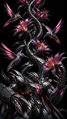a climbing vine of flowers and hummingbirds on a dark background, tall wrapping composition, no text