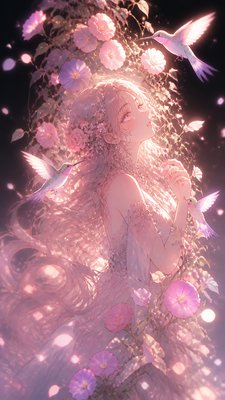 a climbing vine of flowers and hummingbirds on a dark background, tall wrapping composition, no text