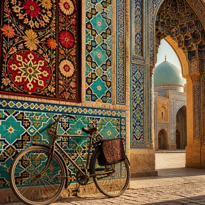 bicyle resting against a wall — Uzbek Art Style
