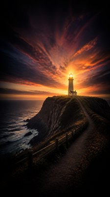 a lone lighthouse on a cliff at dusk under a dramatic sky, no text or lettering