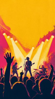 a live music scene with a glowing stage and silhouetted crowd, energetic vertical composition with open space at the top, no text