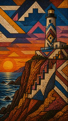 a lone lighthouse on a cliff at dusk under a dramatic sky, no text or lettering