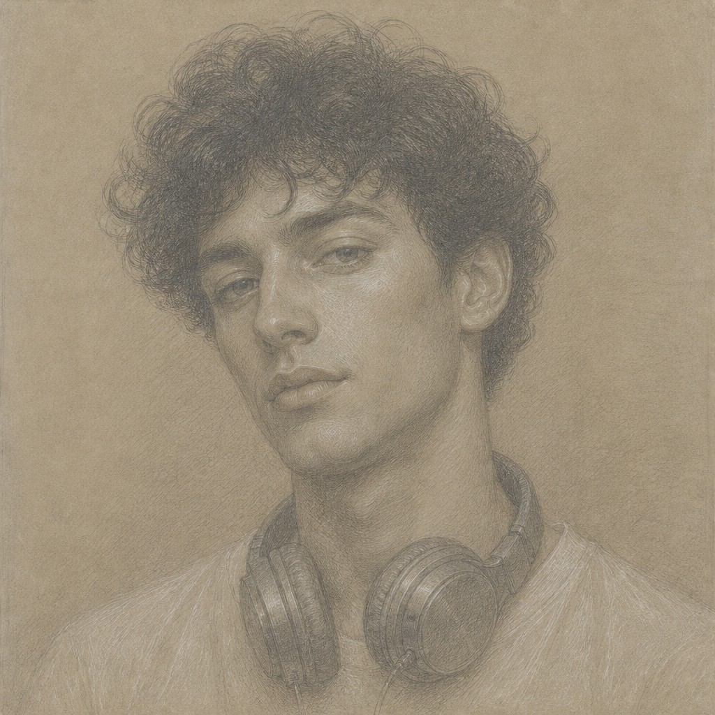 head-and-shoulders portrait of an original character: a young man with curly dark hair and headphones around his neck, plain backdrop, no text