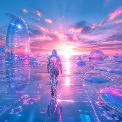 a solitary figure walking toward a glowing horizon across an empty plain, moody atmosphere, no text or lettering