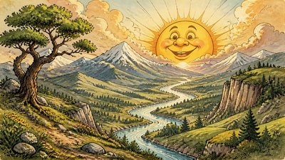 a vast valley with a river winding toward distant mountains at sunrise, no people, no text