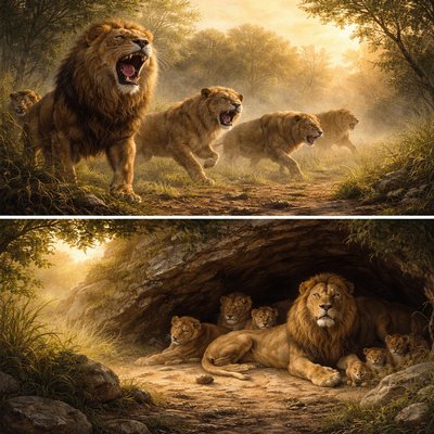 “even young lions roaring for prey, and to seek meat for themselves from God. The sun arises, and they shall be gathered together, and shall lie down in their dens.” (Psalms 104:21-22, Brenton)
