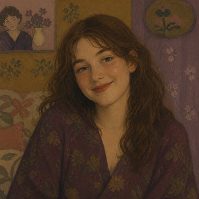 head-and-shoulders portrait of an original character: a young woman with wavy chestnut hair and a warm smile, plain soft backdrop