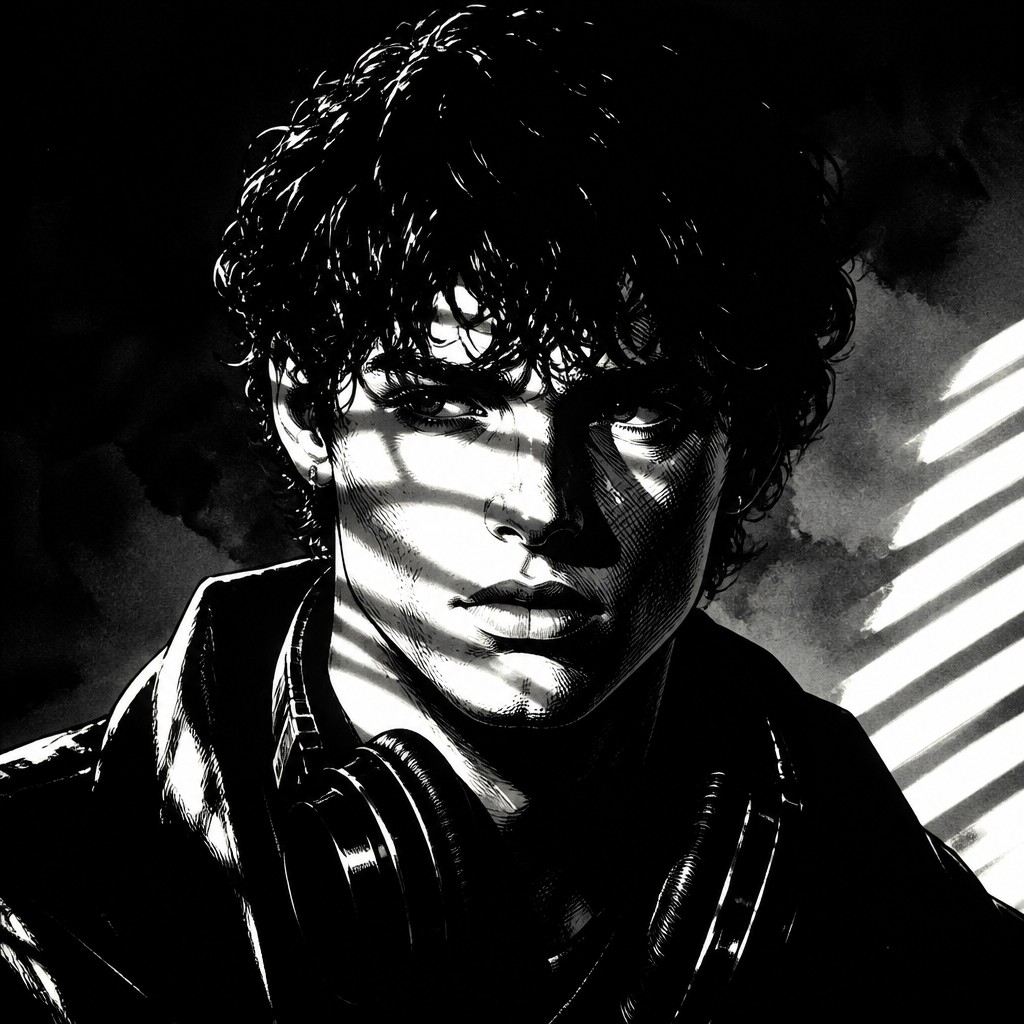 head-and-shoulders portrait of an original character: a young man with curly dark hair and headphones around his neck, plain backdrop, no text