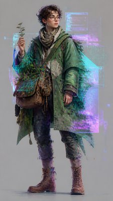 full-body original character: a wandering botanist with a satchel of plants, a patched green cloak, tall boots and round glasses, neutral background