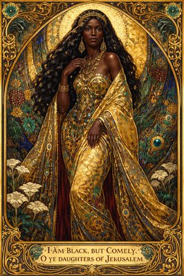 I am black, but comely, O ye daughters of Jerusalem, as the tents of Kedar, as the curtains of Solomon. 
(Song of Solomon 1:5 KJV)
 in the style of Gustav Klimt,shimmering gold patterns,"elaborate symbolic designs,symbolic and allegorical composition, holding to ancient fashion and modesty
