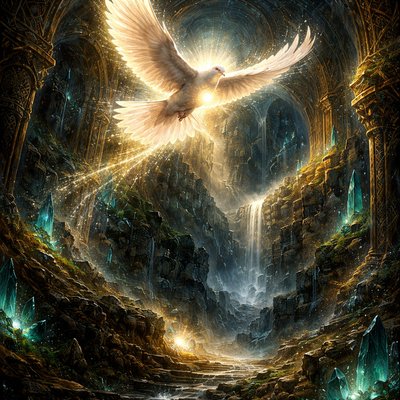  He (God) setteth an end to darkness, and searcheth out all perfection: the stones of darkness, and the shadow of death. From Job 28:3 using a Spiritual figure as a dove to represent the one searching. 