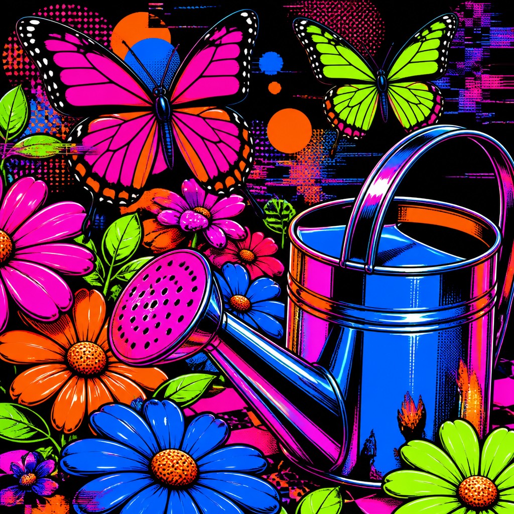 a garden scene with butterflies, flowers and a watering can, clean uncolored line art, no text
