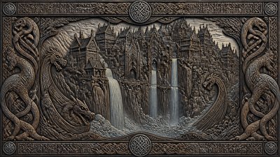 a cliffside city with waterfalls cascading into a misty canyon, wide establishing shot, no people, no text