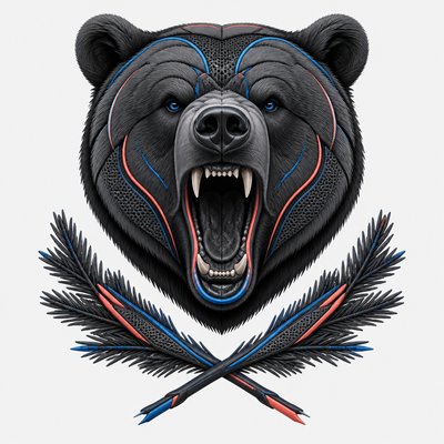 a roaring bear head above crossed pine branches, bold graphic composition on a plain background, no text