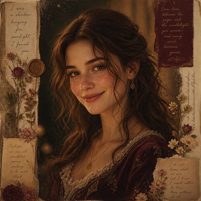 head-and-shoulders portrait of an original character: a young woman with wavy chestnut hair and a warm smile, plain soft backdrop