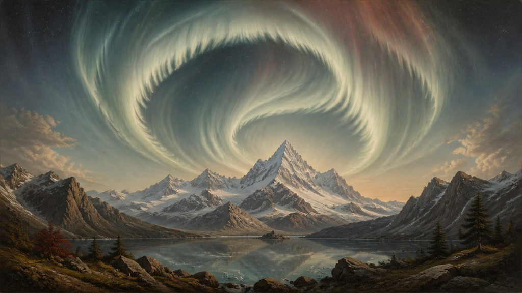 a flowing aurora over snowy peaks, wide sweeping composition, no people, no text