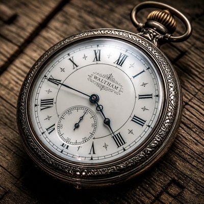 close-up of an antique pocket watch on weathered wood