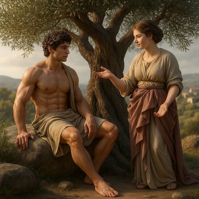 a painting of a man and a woman sitting next to a tree