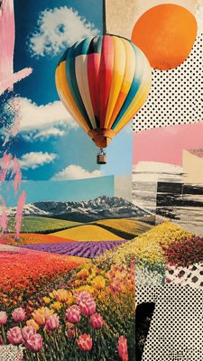 a hot air balloon drifting over rolling flower fields on a sunny day, cheerful, no text