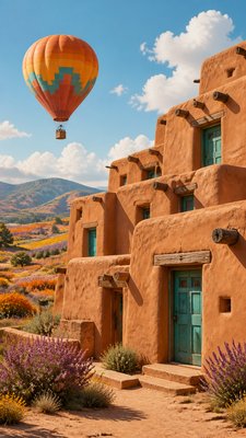 a hot air balloon drifting over rolling flower fields on a sunny day, cheerful, no text